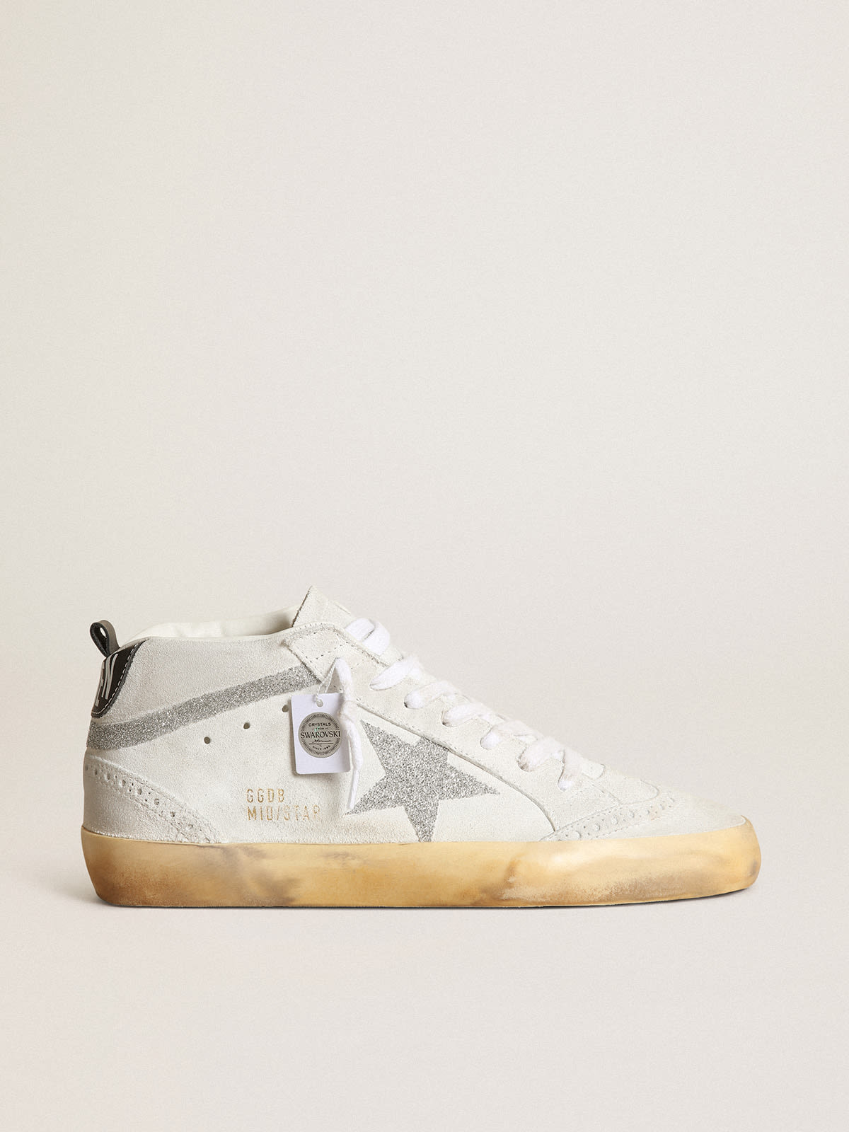 Sneaker Mid Star in suede bianco con stella e virgola in micro cristalli Swarovski color argento