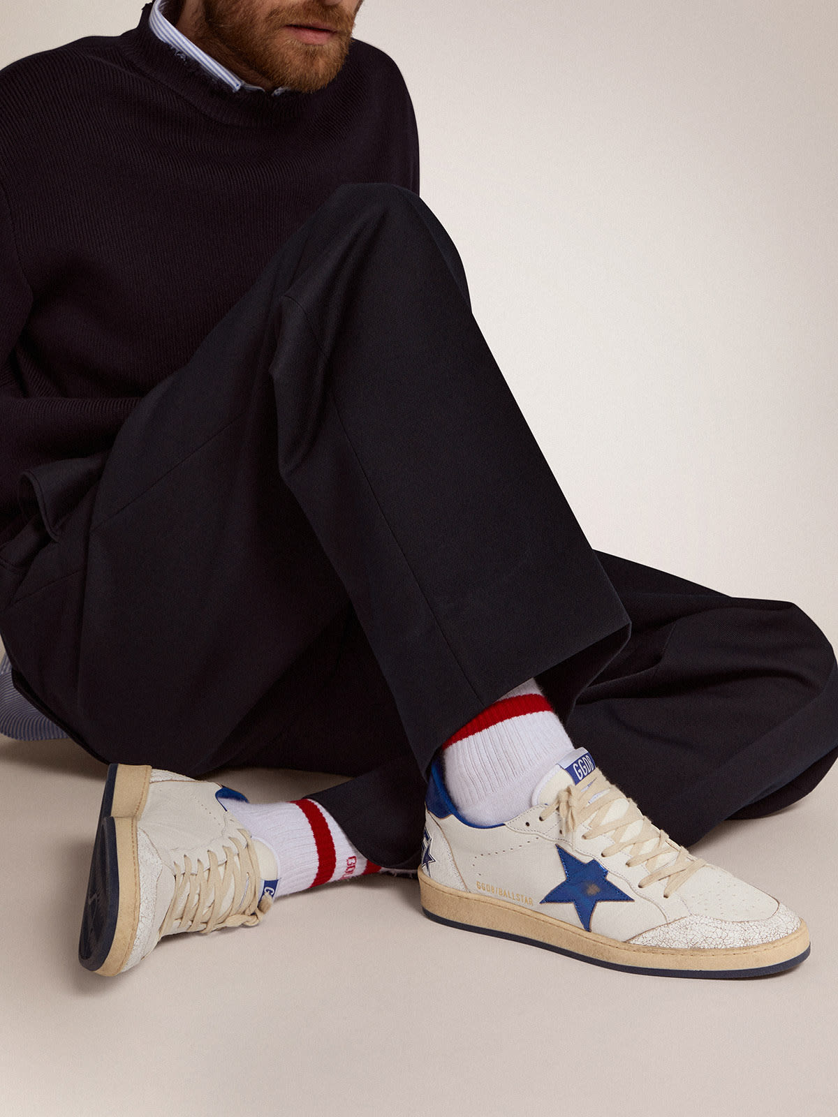Sneaker Ball Star in nappa bianca con stella e talloncino in pelle laminata color bluette
