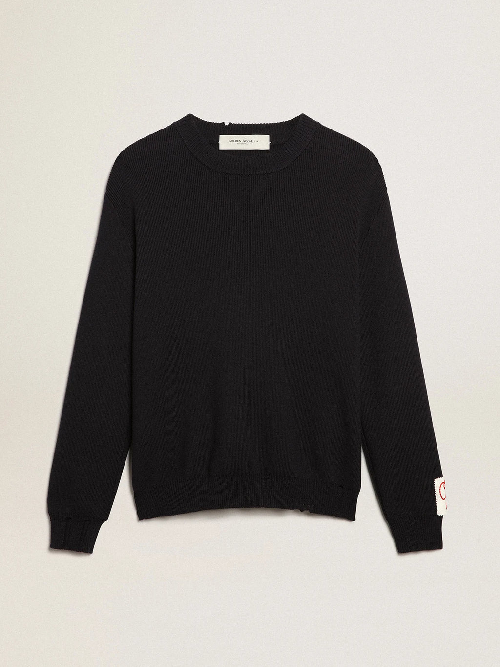 Maglione girocollo in cotone blu scuro dal trattamento distressed