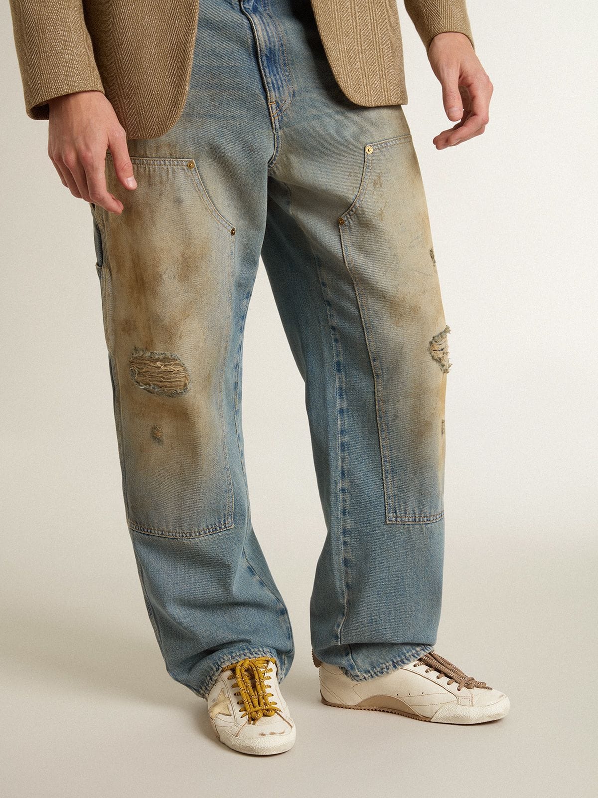 Men's True-Star in white nappa leather with gold foiled leather star and beige suede heel tab