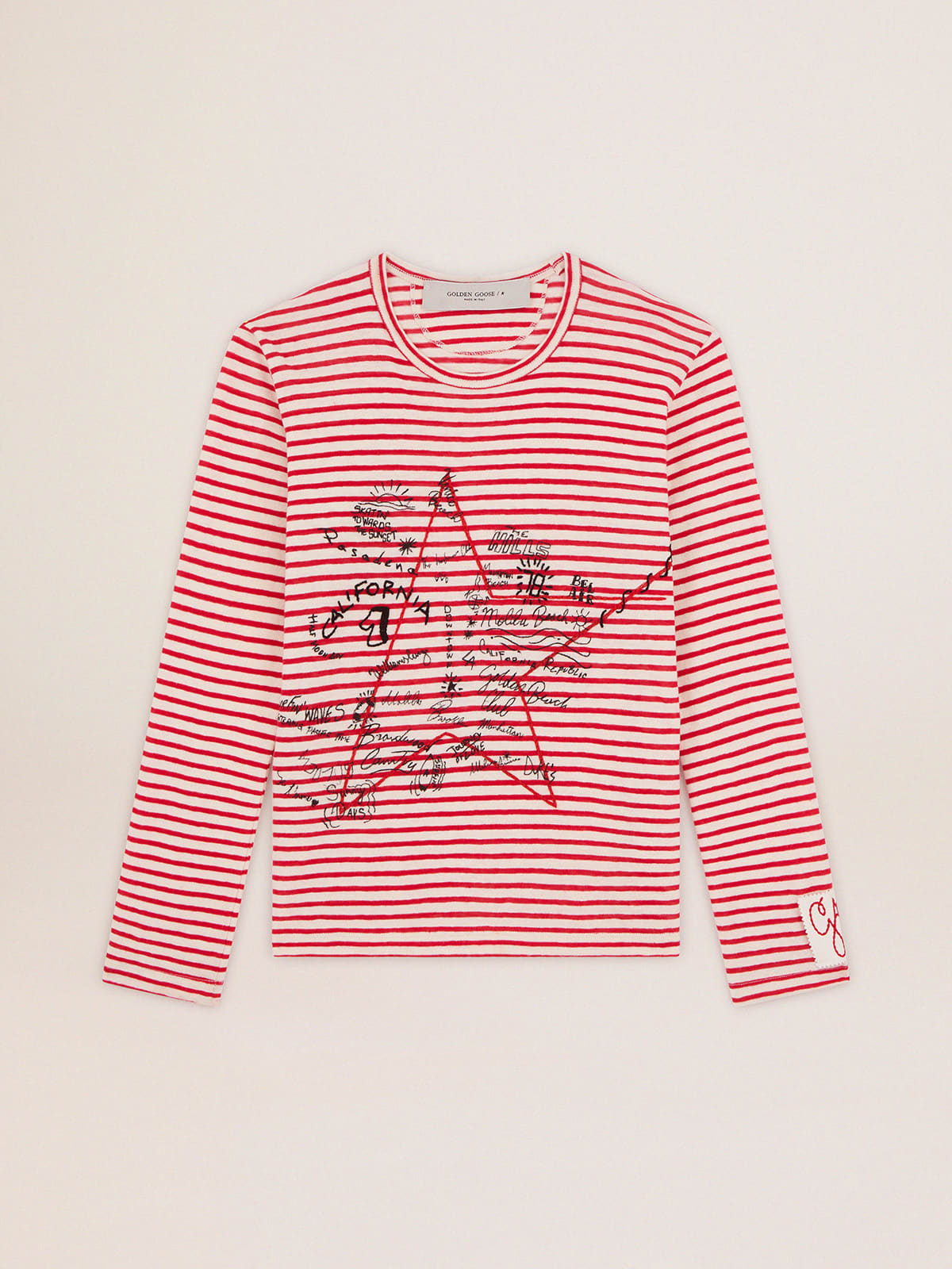 T-shirt con righe bianche e rosse e ricamo sul davanti