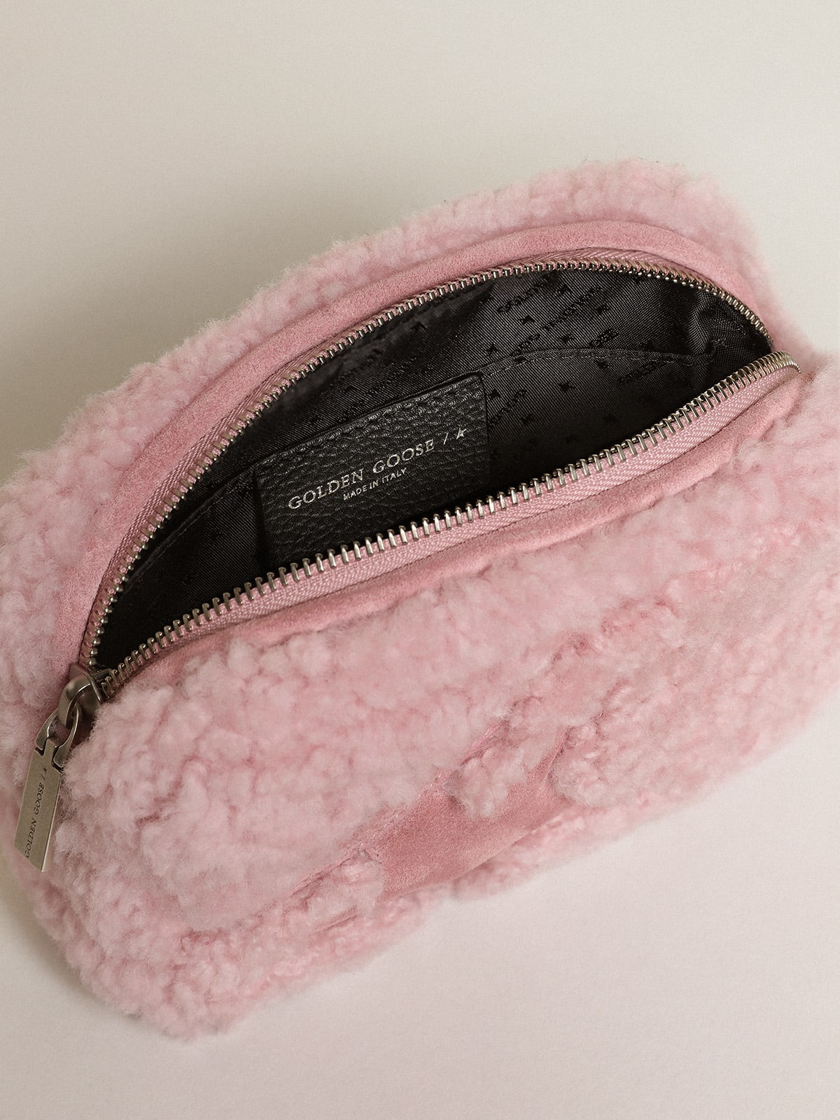 Borsa Mini Star Bag in shearling color rosa e con stella in suede