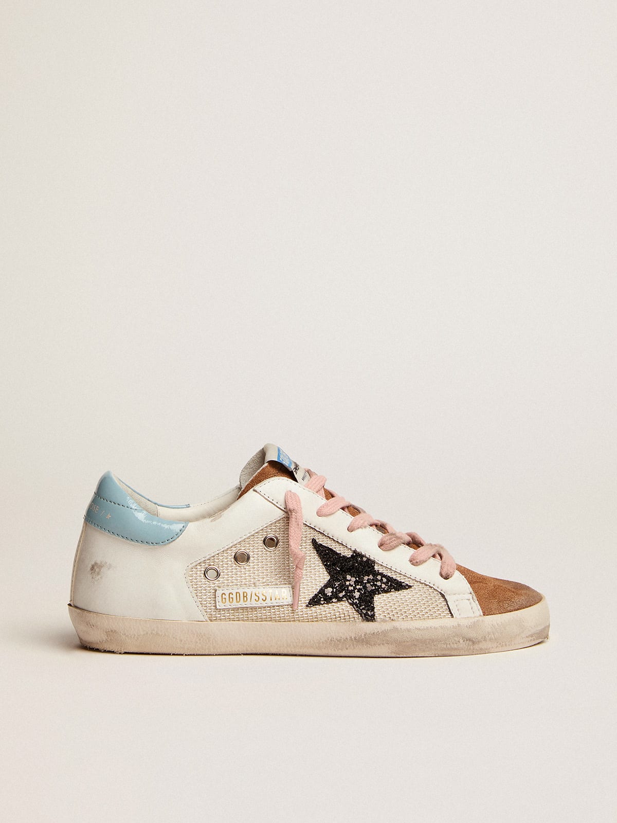 Sneaker Super-Star in rete grigio chiaro e pelle bianca con stella in glitter neri