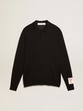Polo maniche lunghe da uomo in lana merino di colore nero
