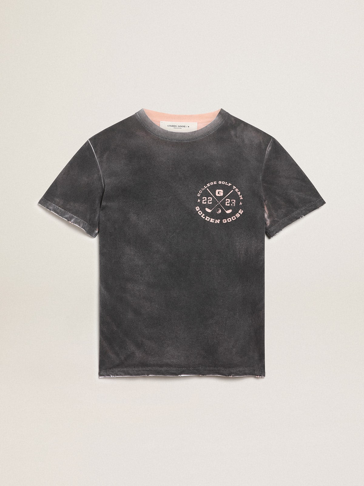 T-shirt grigia Collezione Journey dall'effetto invecchiato con stampa color rosa tenue a contrasto sul davanti e rotture manuali sui profili