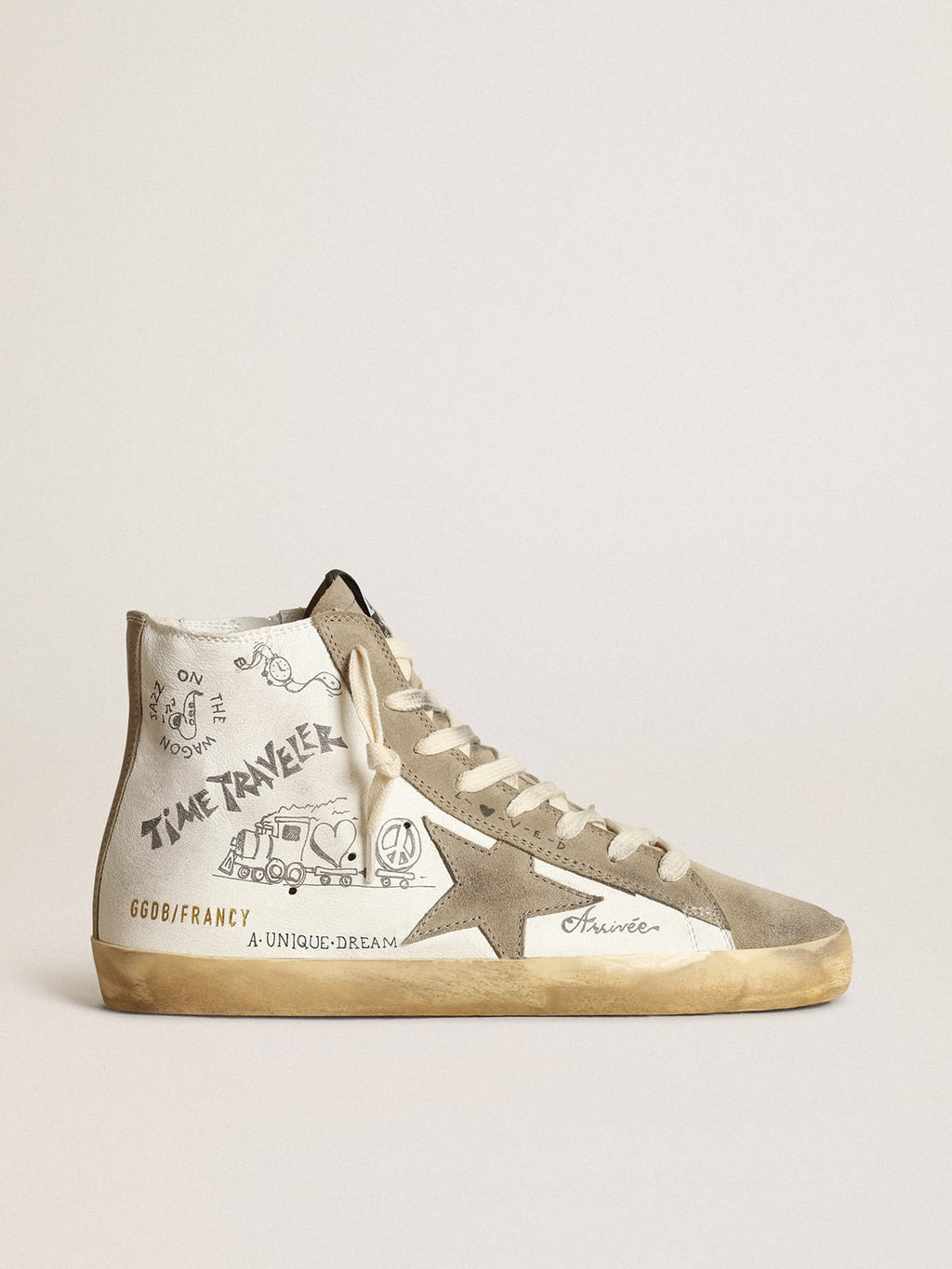 Sneaker Francy Donna con inserti in suede color tortora e scritte nere all-over