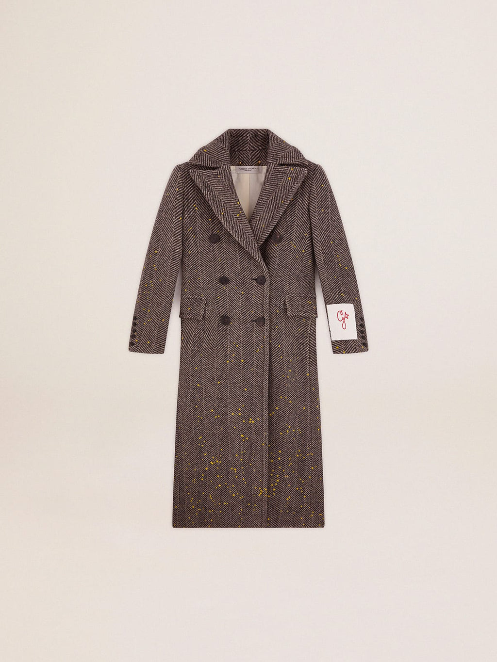 Cappotto lungo da donna herringbone con dettagli gialli