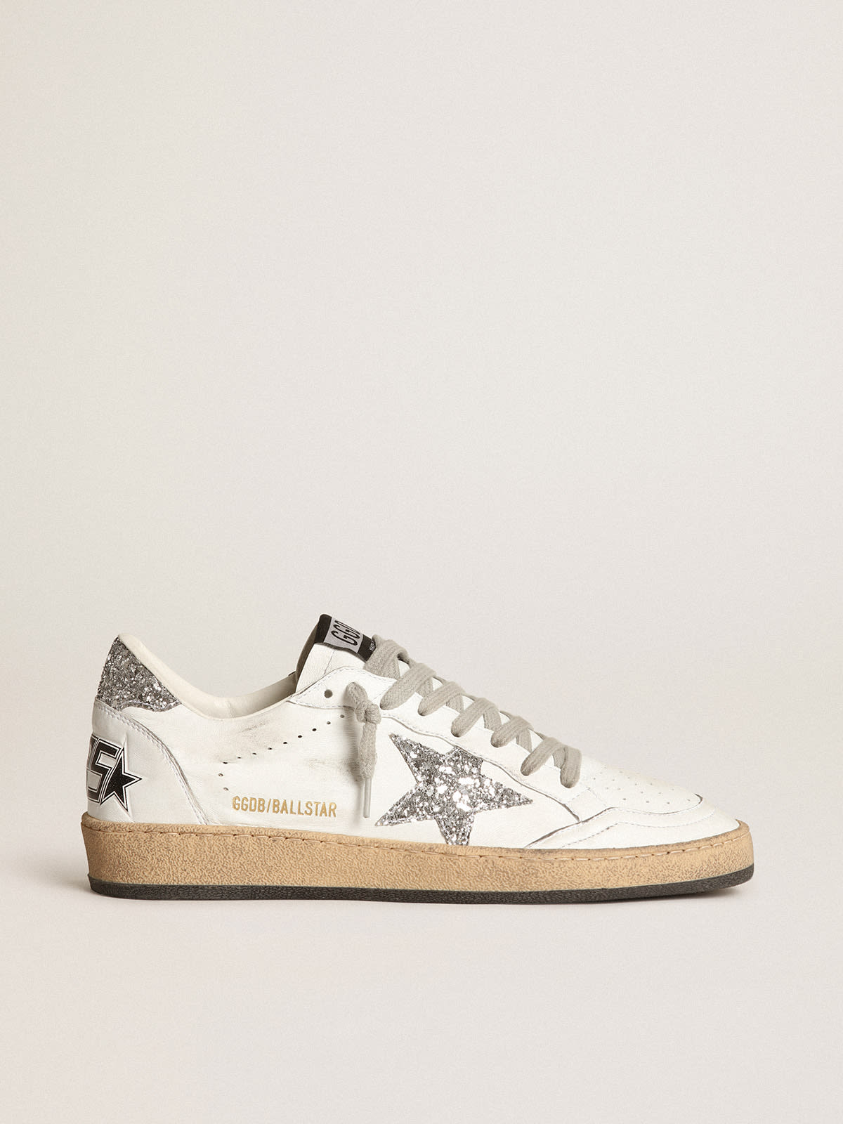 Sneaker Ball Star in nappa bianca con stella e talloncino in glitter argento