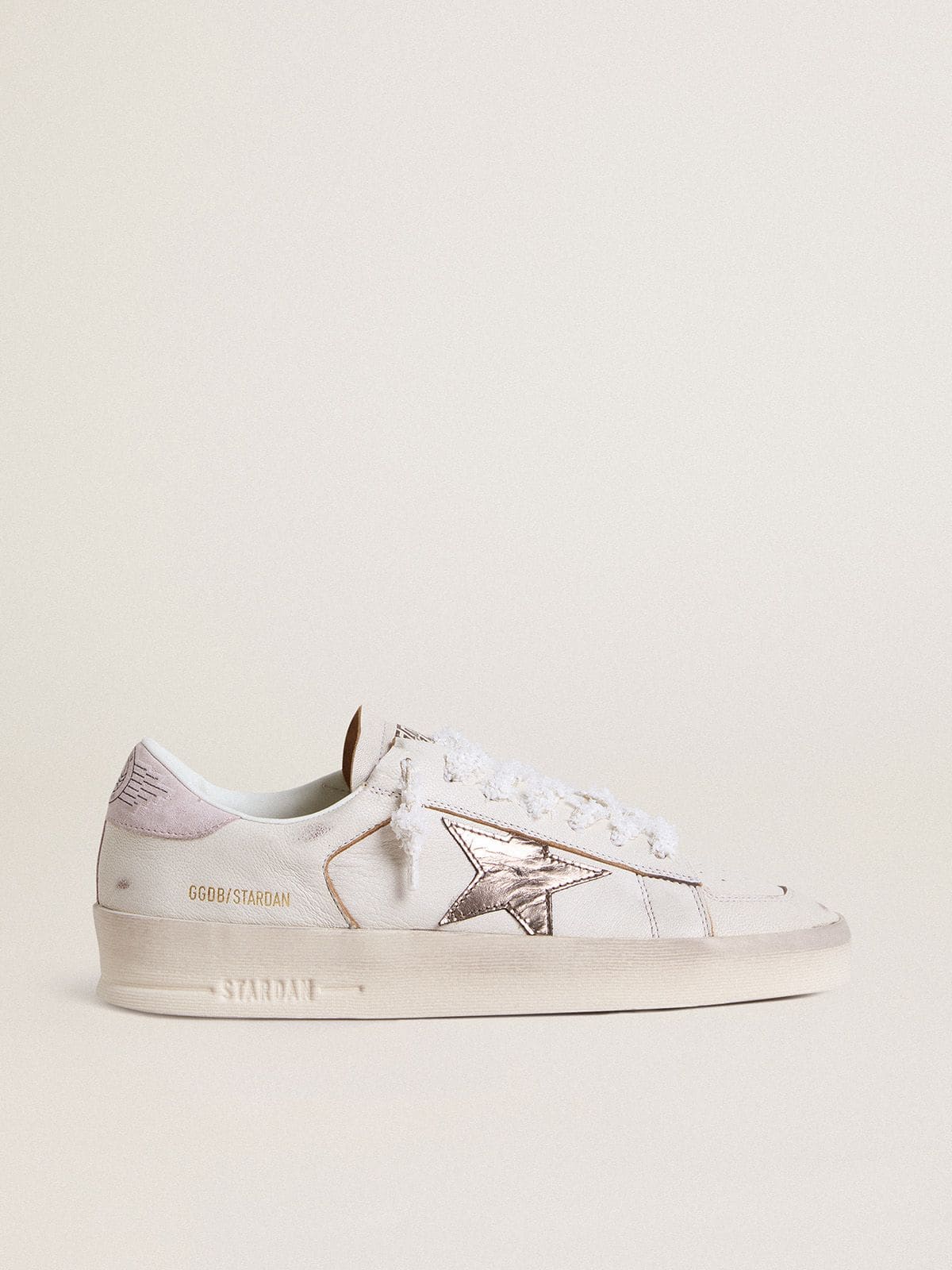 Stardan in nappa leather with metallic silver leather star and pink suede heel tab