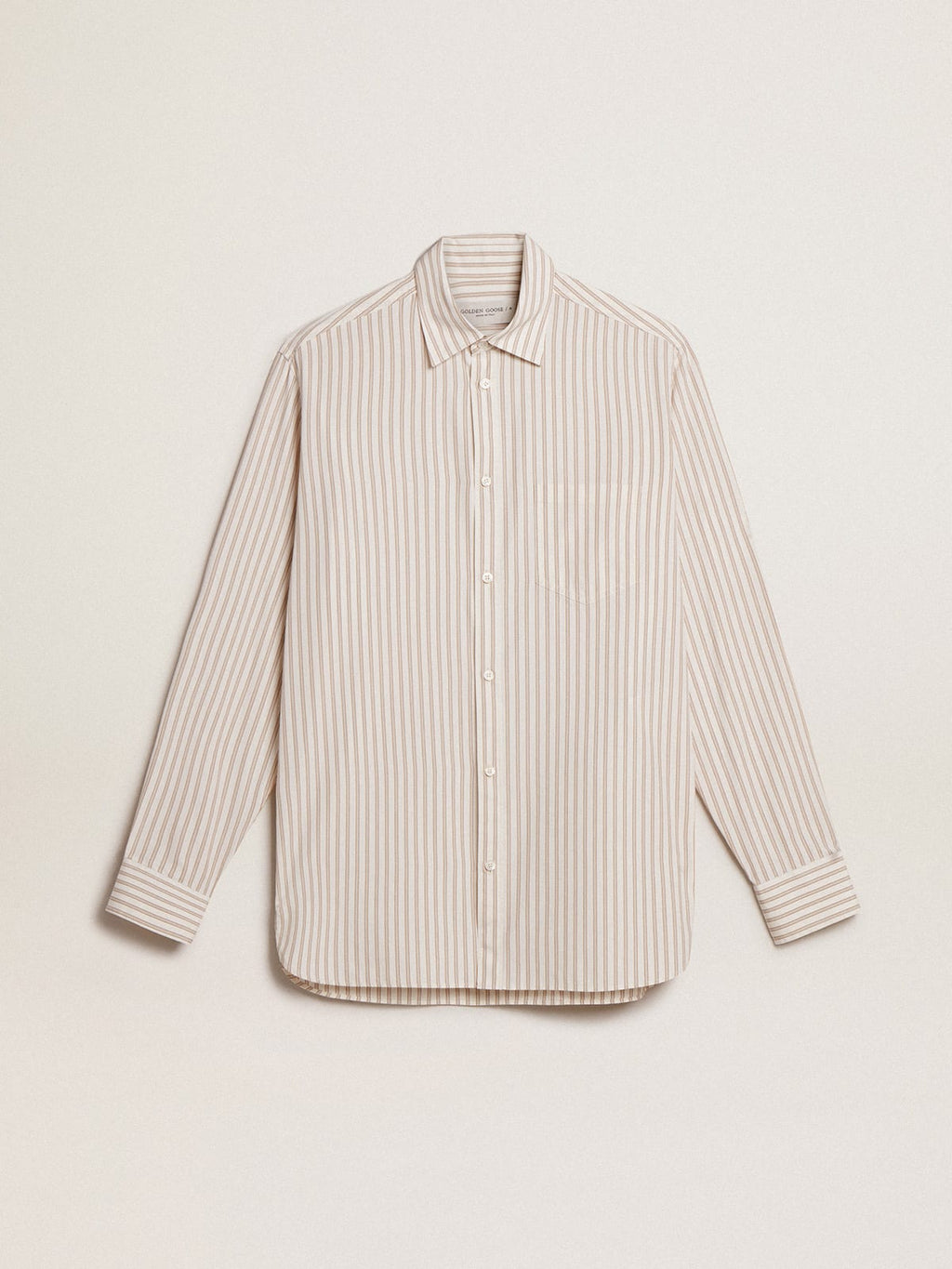 Camicia bianca da uomo in cotone con motivo a righe beige