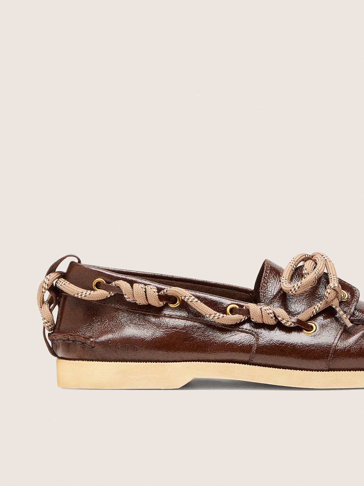 Women's Cruise loafers in glossy dark brown leather with dove gray hiking laces
