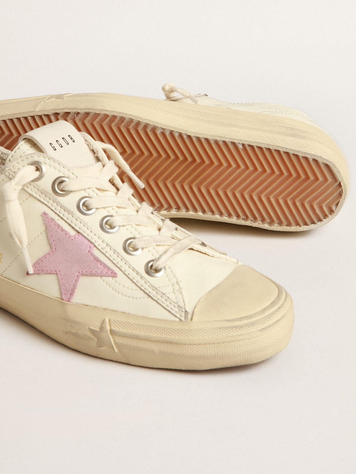 V-Star in nappa beige con stella in suede color rosa antico