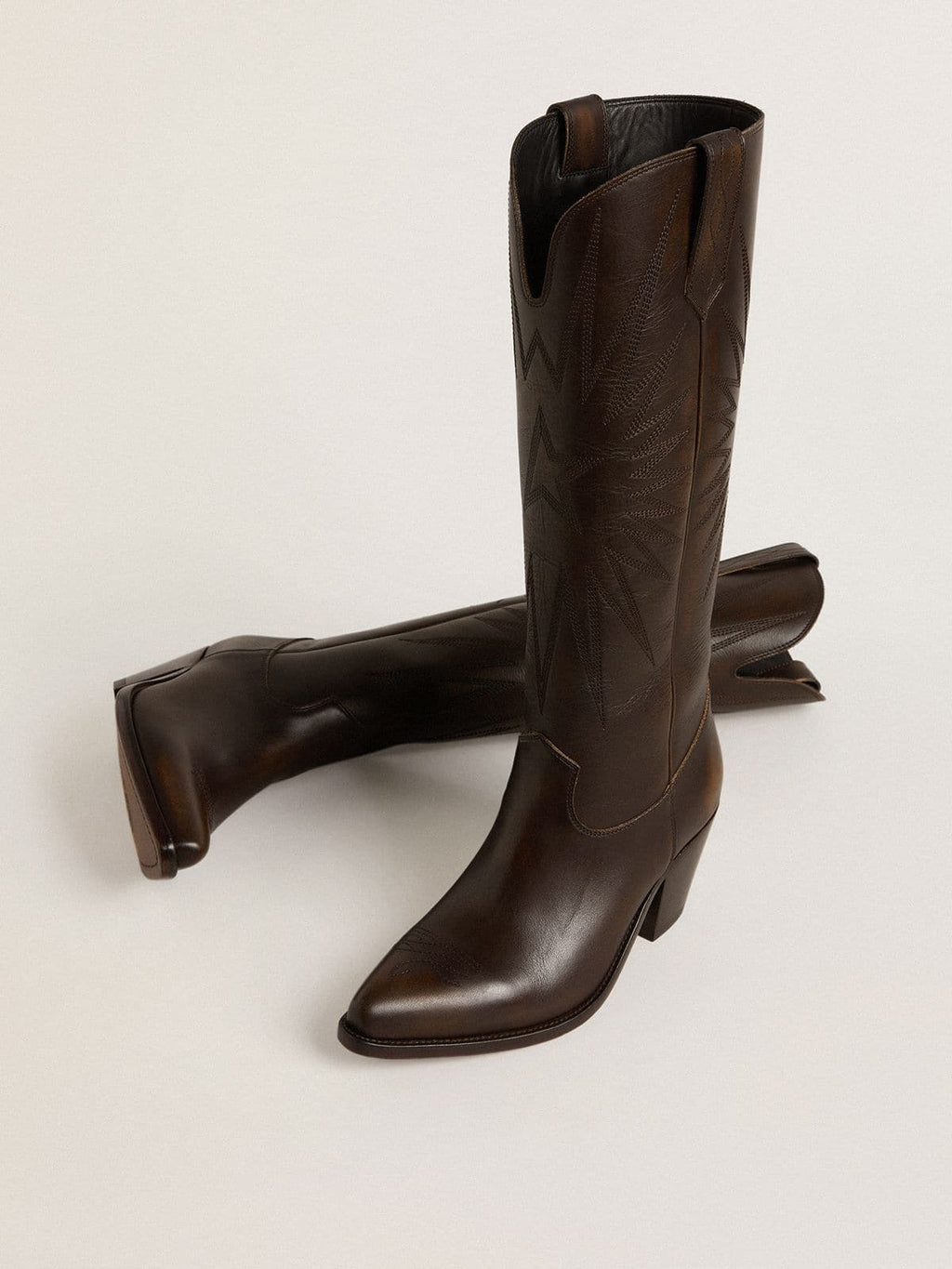 Wish Star boots in dark brown leather with tone-on-tone embroidered star