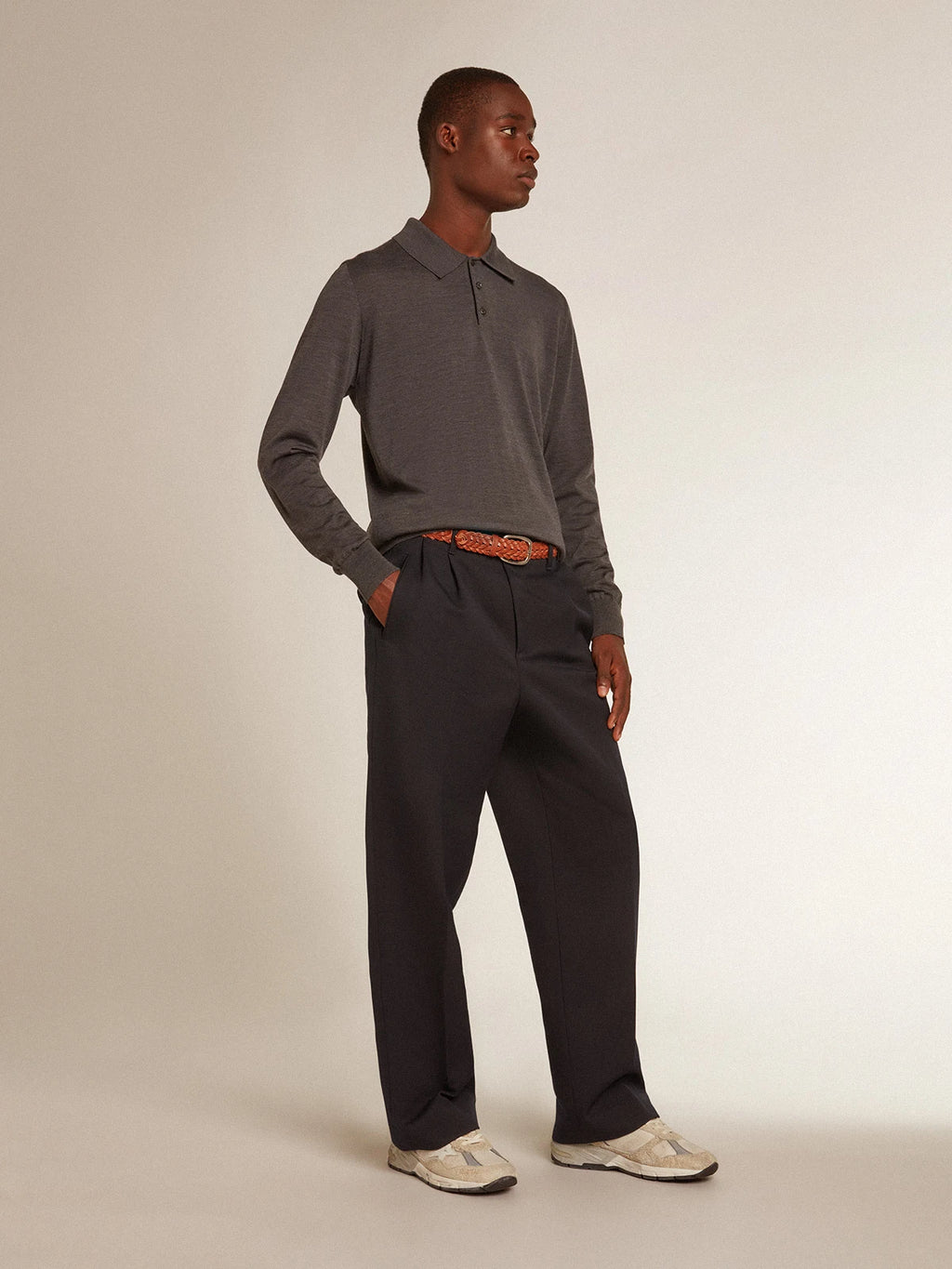 Polo maniche lunghe da uomo in lana merino di colore grigio