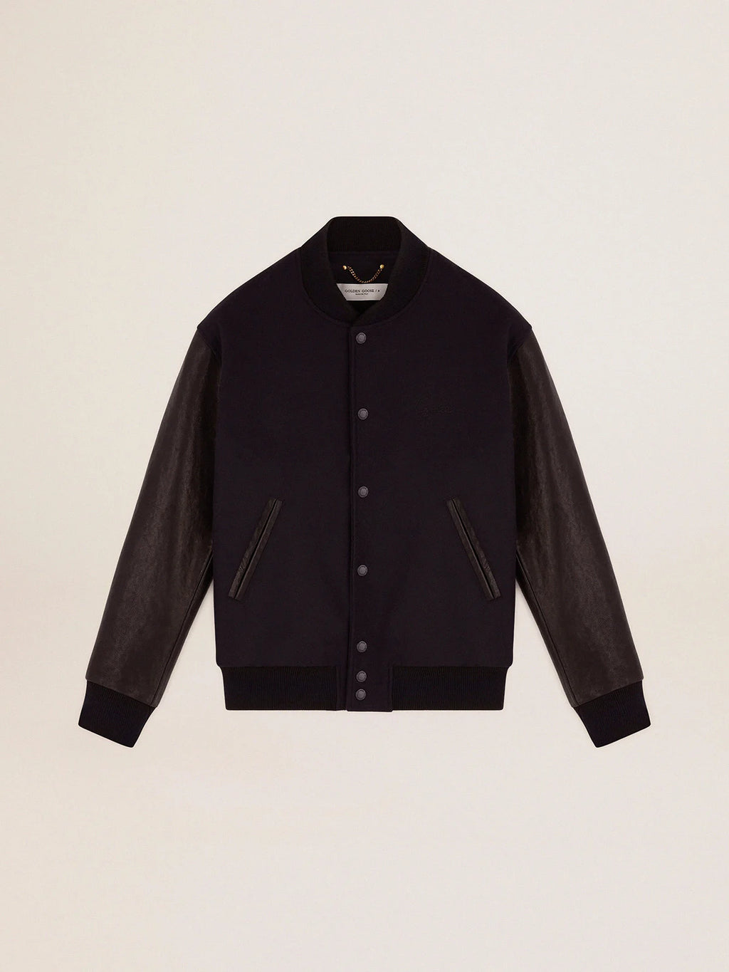 Giacca bomber in lana blu scuro e maniche in pelle distressed