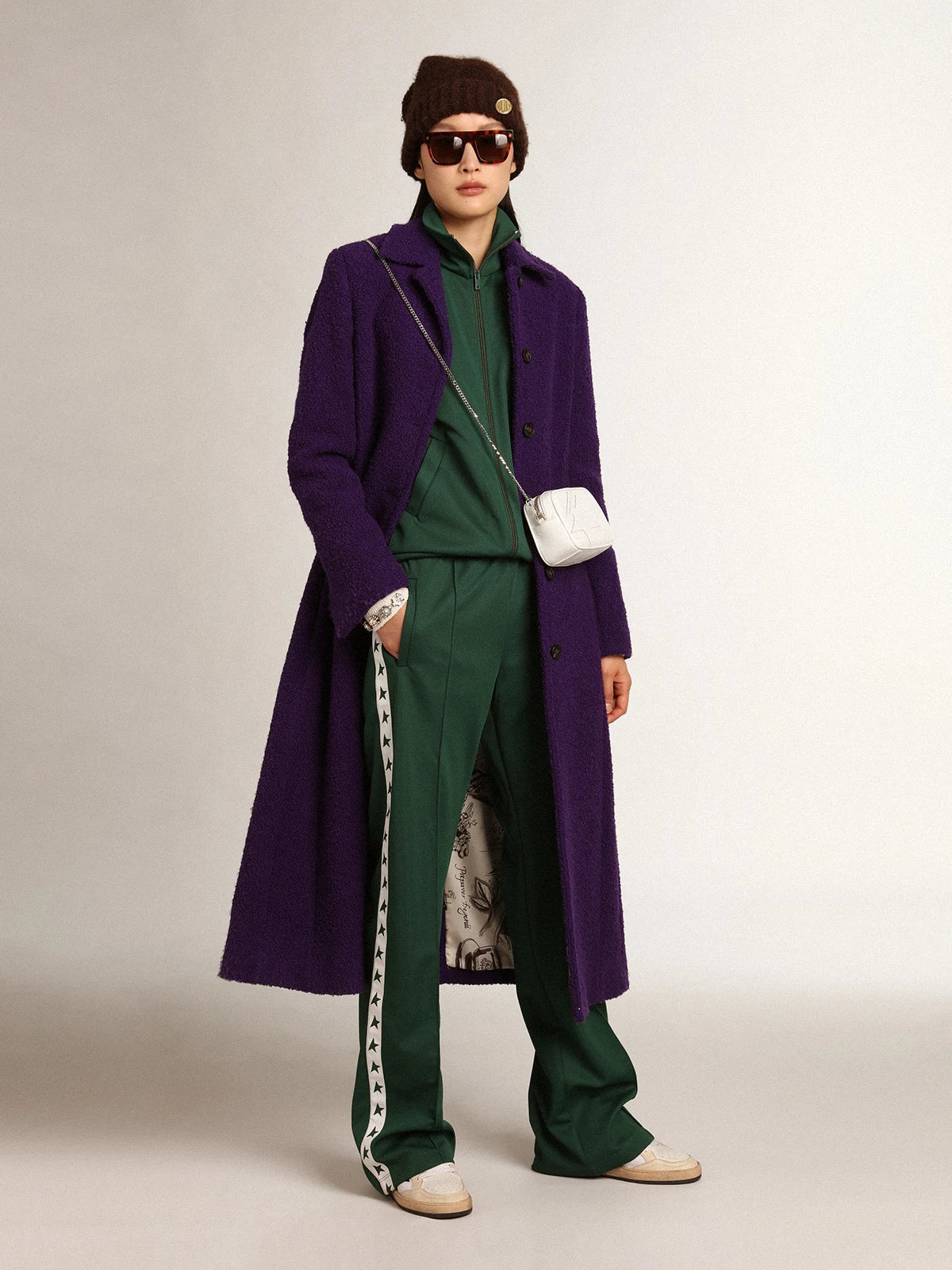 Cappotto Collezione Journey color viola indaco in lana e fodera interna con stampa disegnata