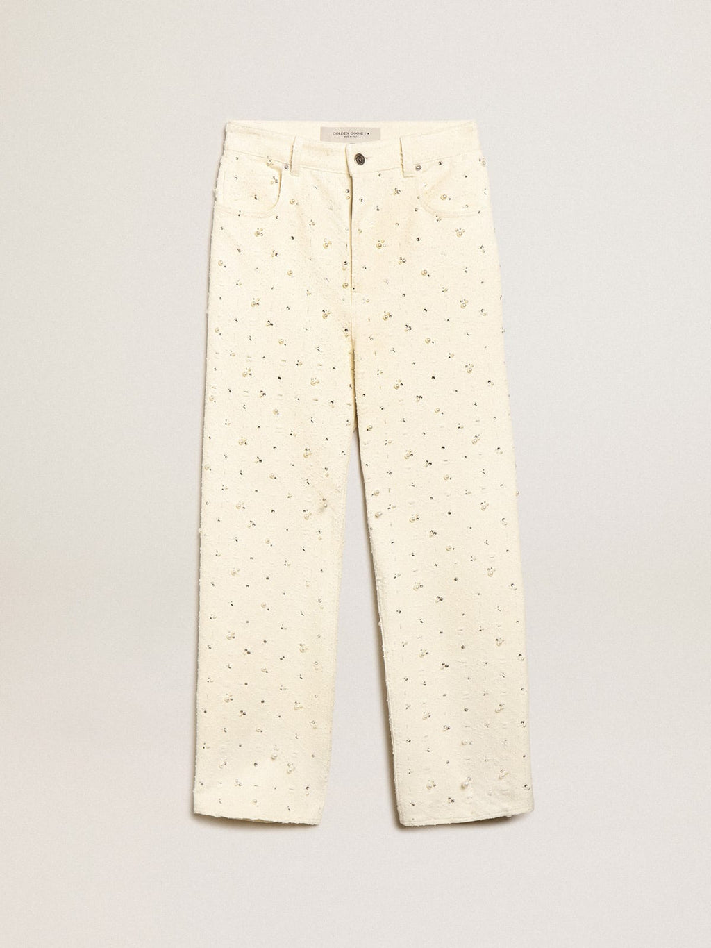 Jeans Kim Collezione Journey in cotone color bianco sporco con motivi a rombi e applicazione di perle e cristalli
