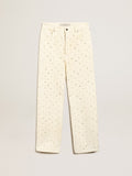 Jeans Kim Collezione Journey in cotone color bianco sporco con motivi a rombi e applicazione di perle e cristalli