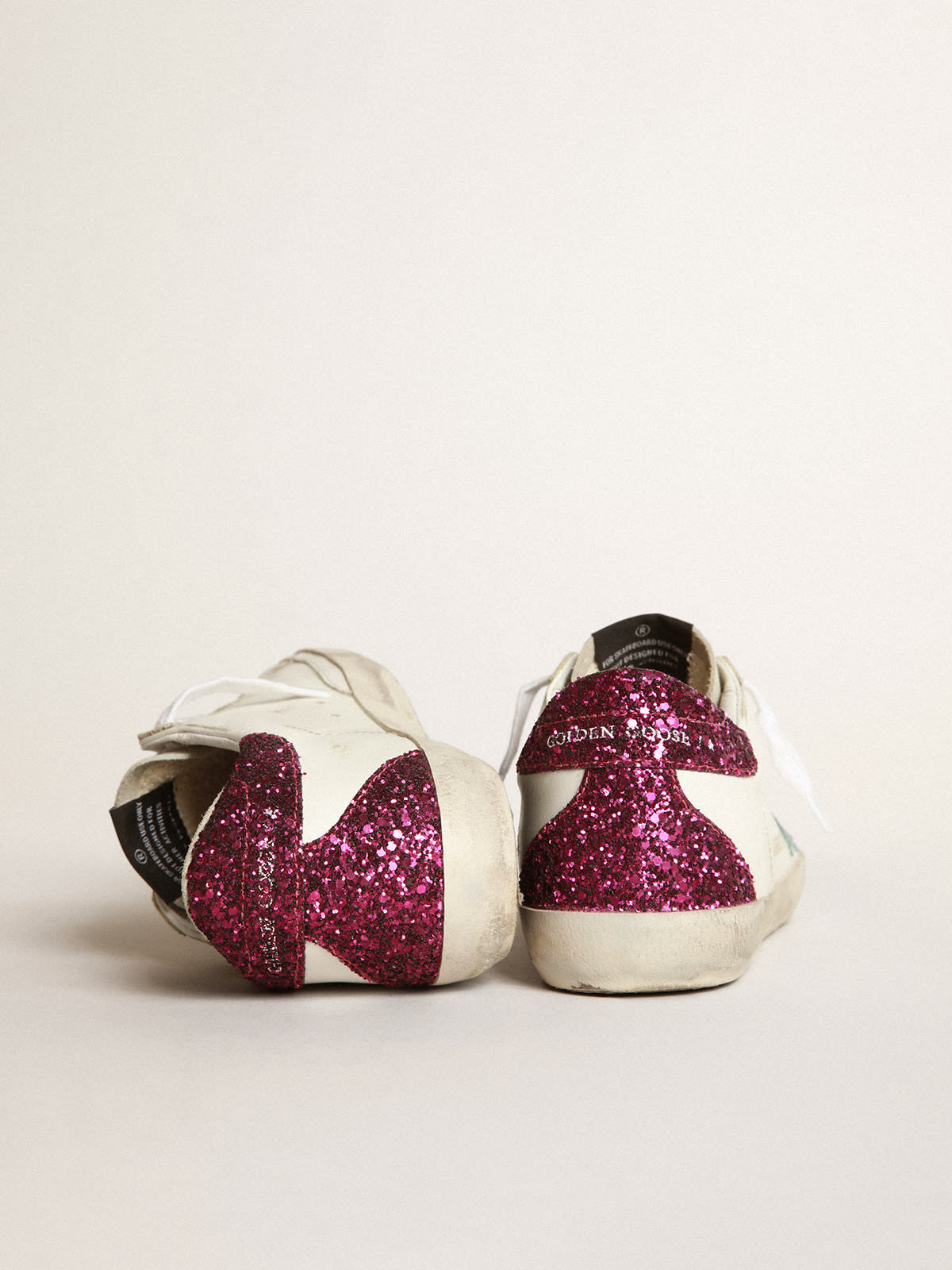 Sneaker Super-Star con stella in glitter azzurri e talloncino in glitter viola