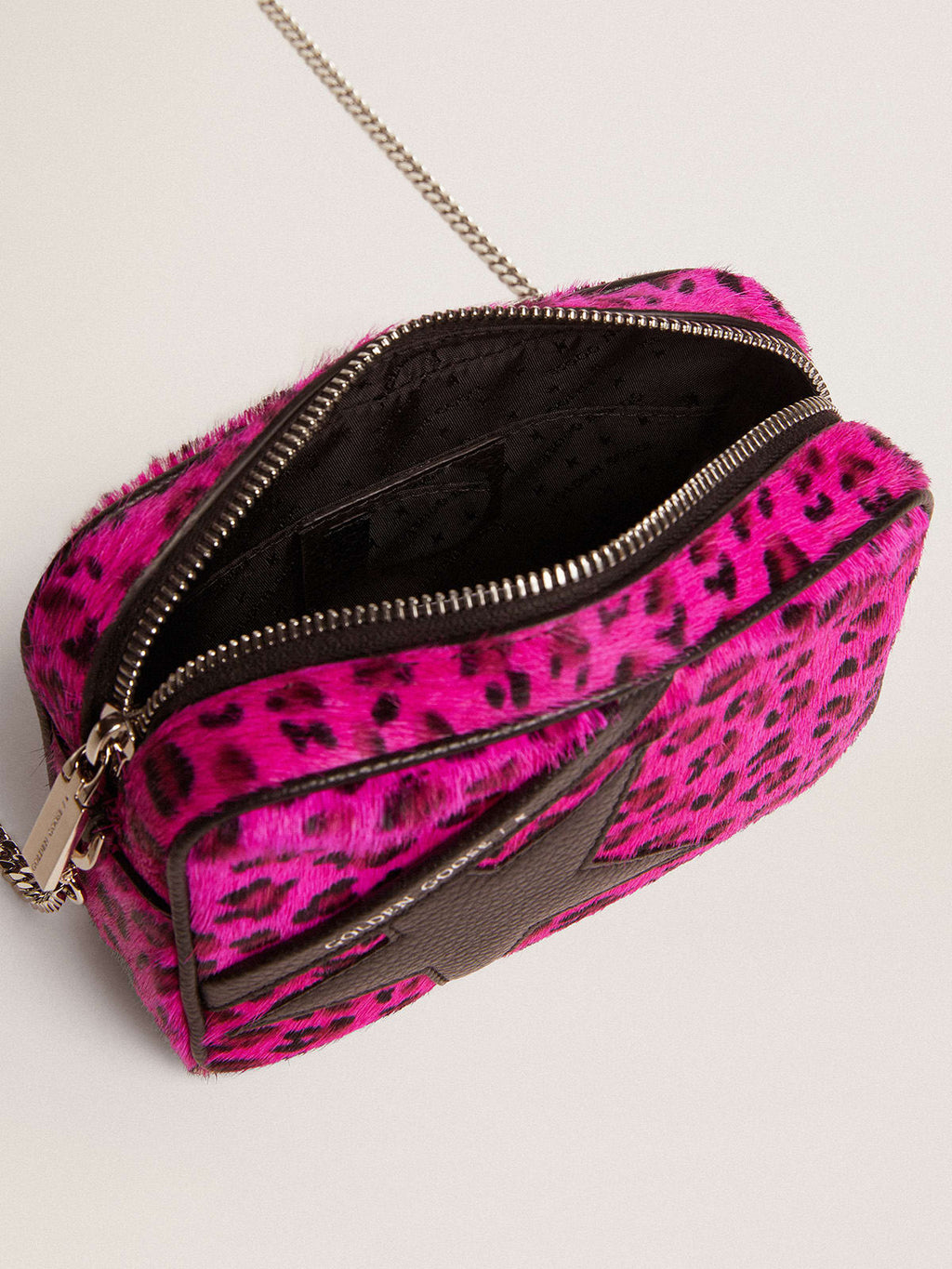 Borsa Mini Star Bag in cavallino leopardato fucsia e stella in pelle nera