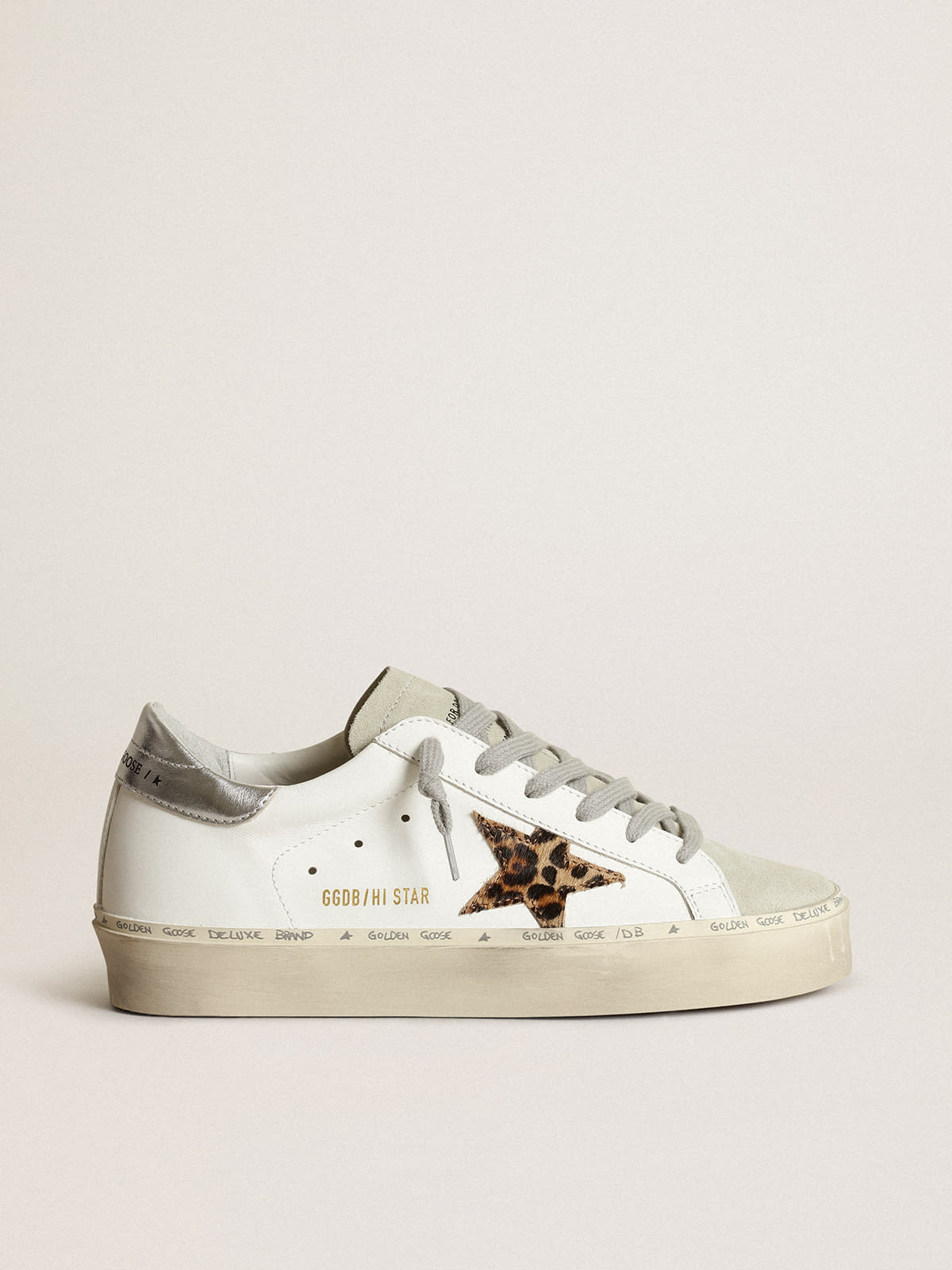 Sneaker Hi Star con stella in cavallino leopardato e talloncino in pelle laminata color argento