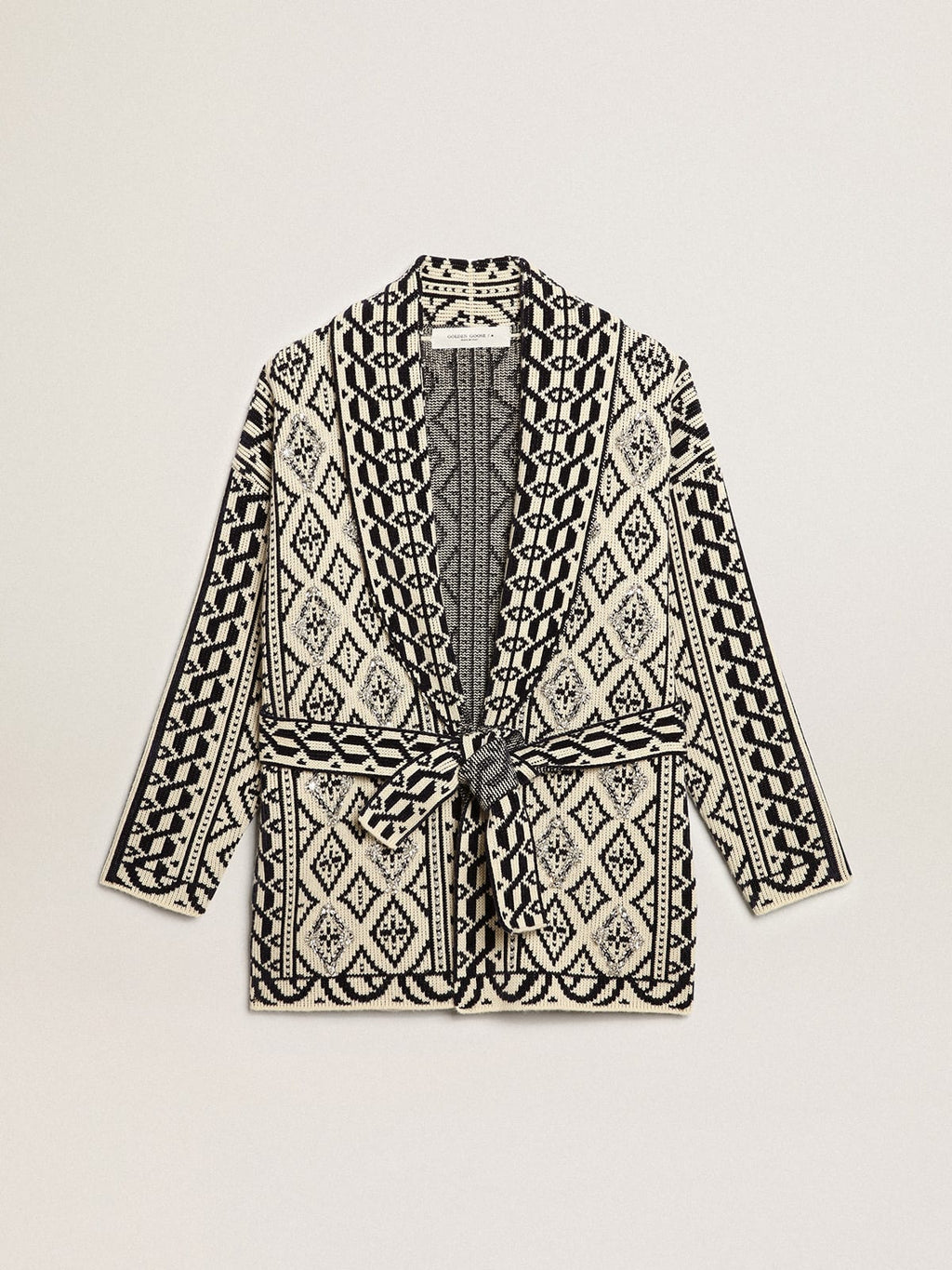 Cardigan color papiro in lana con motivo jacquard e cristalli
