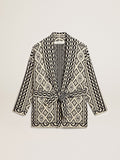 Cardigan color papiro in lana con motivo jacquard e cristalli