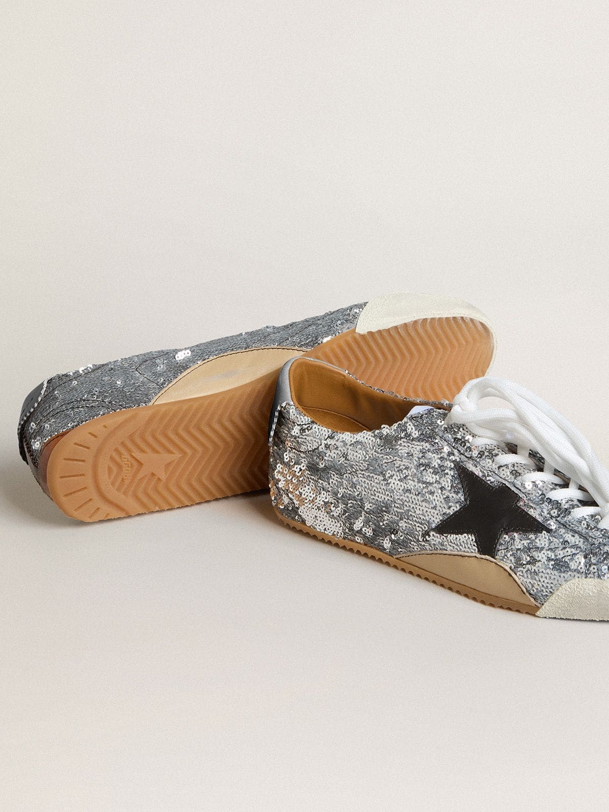Women's True-Star in silver sequins with black star and silver leather heel tab