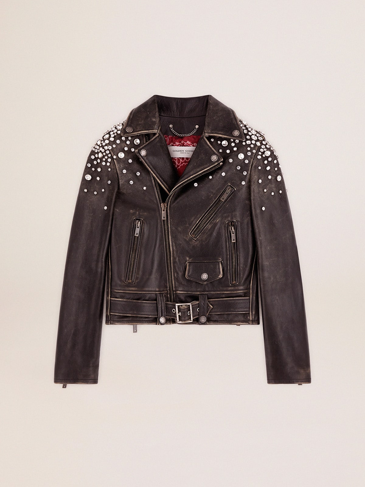 Chiodo in pelle dal trattamento distressed con cristalli cabochon