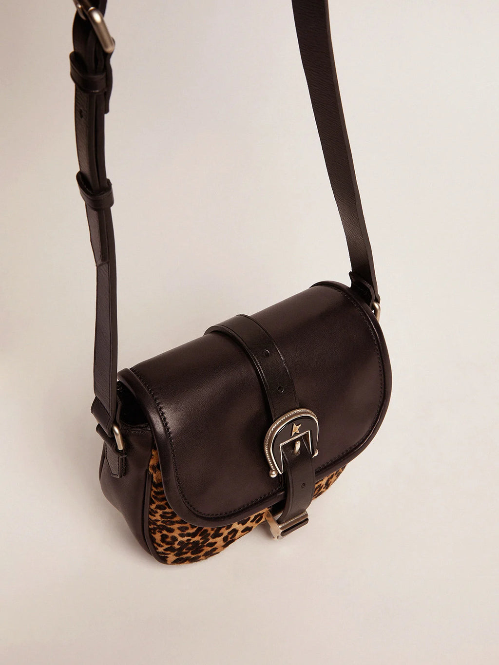 Borsa Rodeo Bag small in pelle nera e cavallino leopardato
