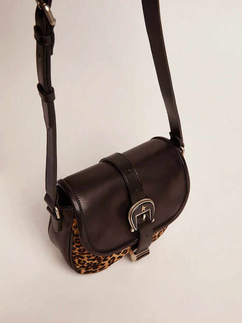 Borsa Rodeo Bag small in pelle nera e cavallino leopardato