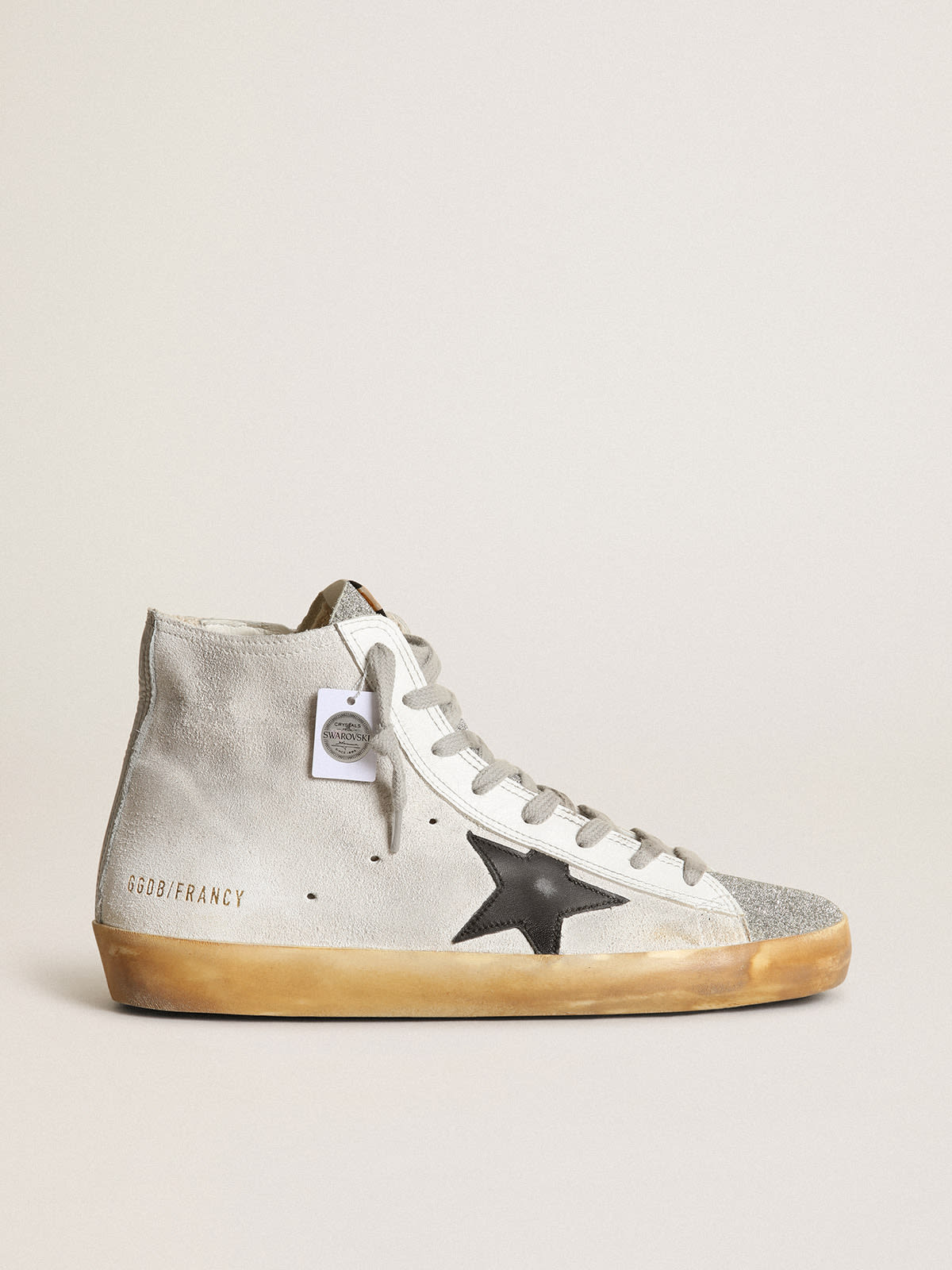 Sneaker Francy in suede bianco con linguetta in micro cristalli Swarovski e stella in pelle nera