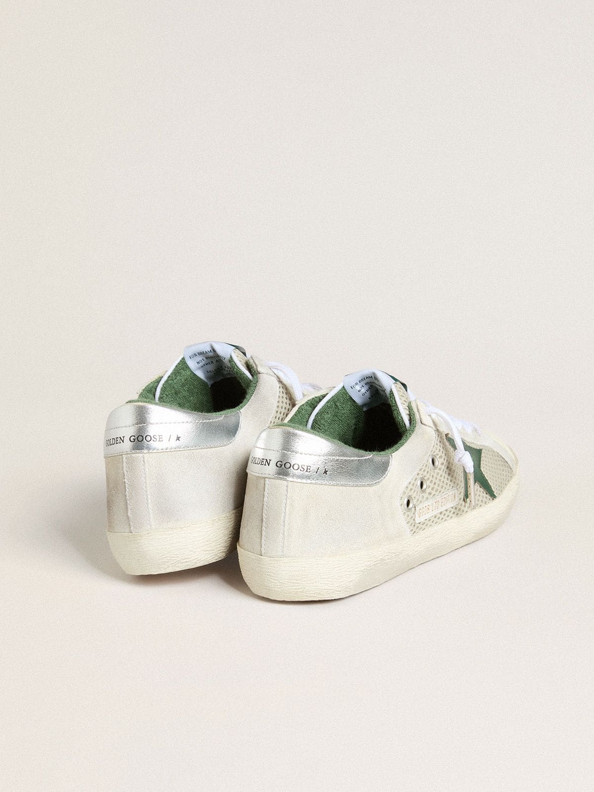 Men’s Super-Star LTD in white suede and mesh with green leather star and silver heel tab