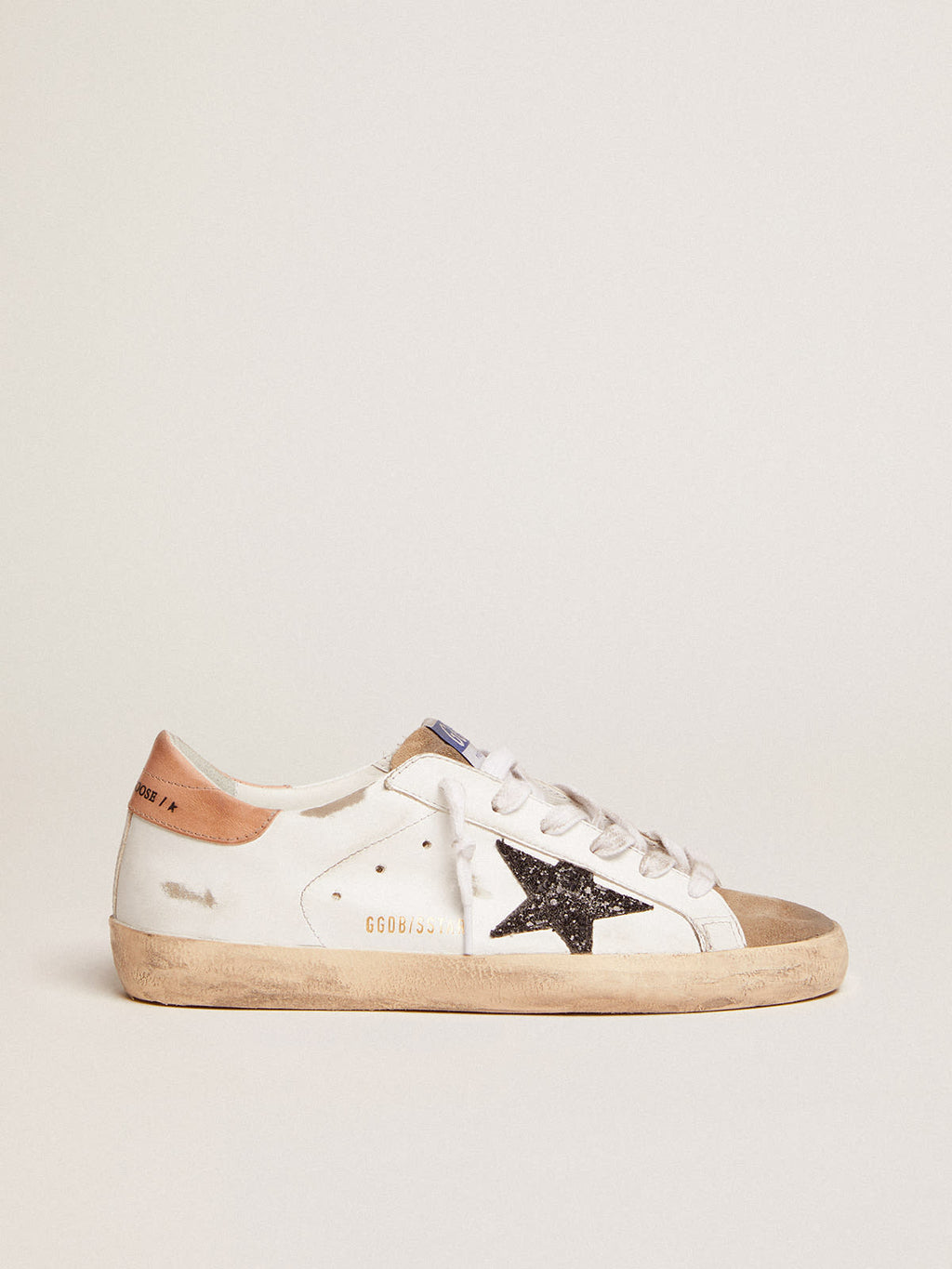 Sneaker Super-Star con stella in glitter neri e talloncino in pelle color rosa antico
