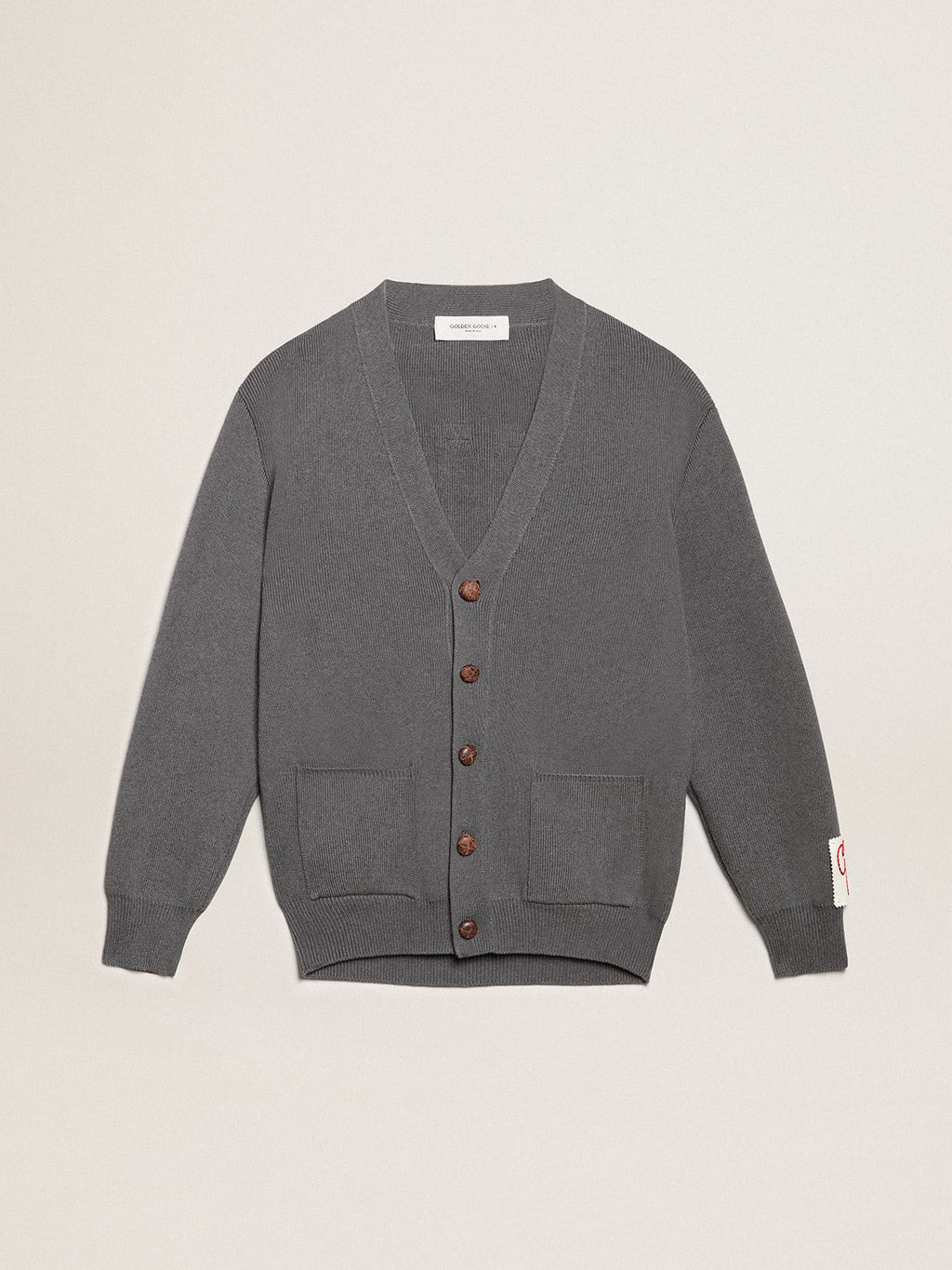 Cardigan da uomo in cotone grigio mélange con logo sul retro