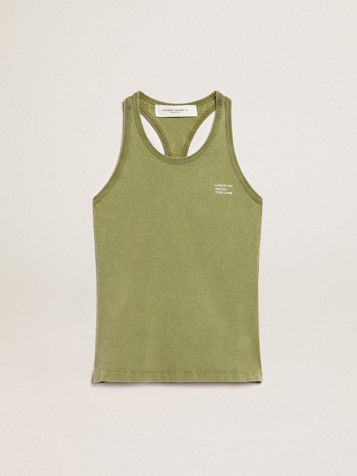 Tank top di color pesto con scritta bianca sul davanti