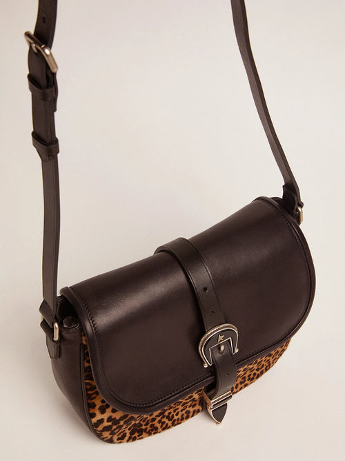 Borsa Rodeo Bag medium in pelle nera e cavallino leopardato