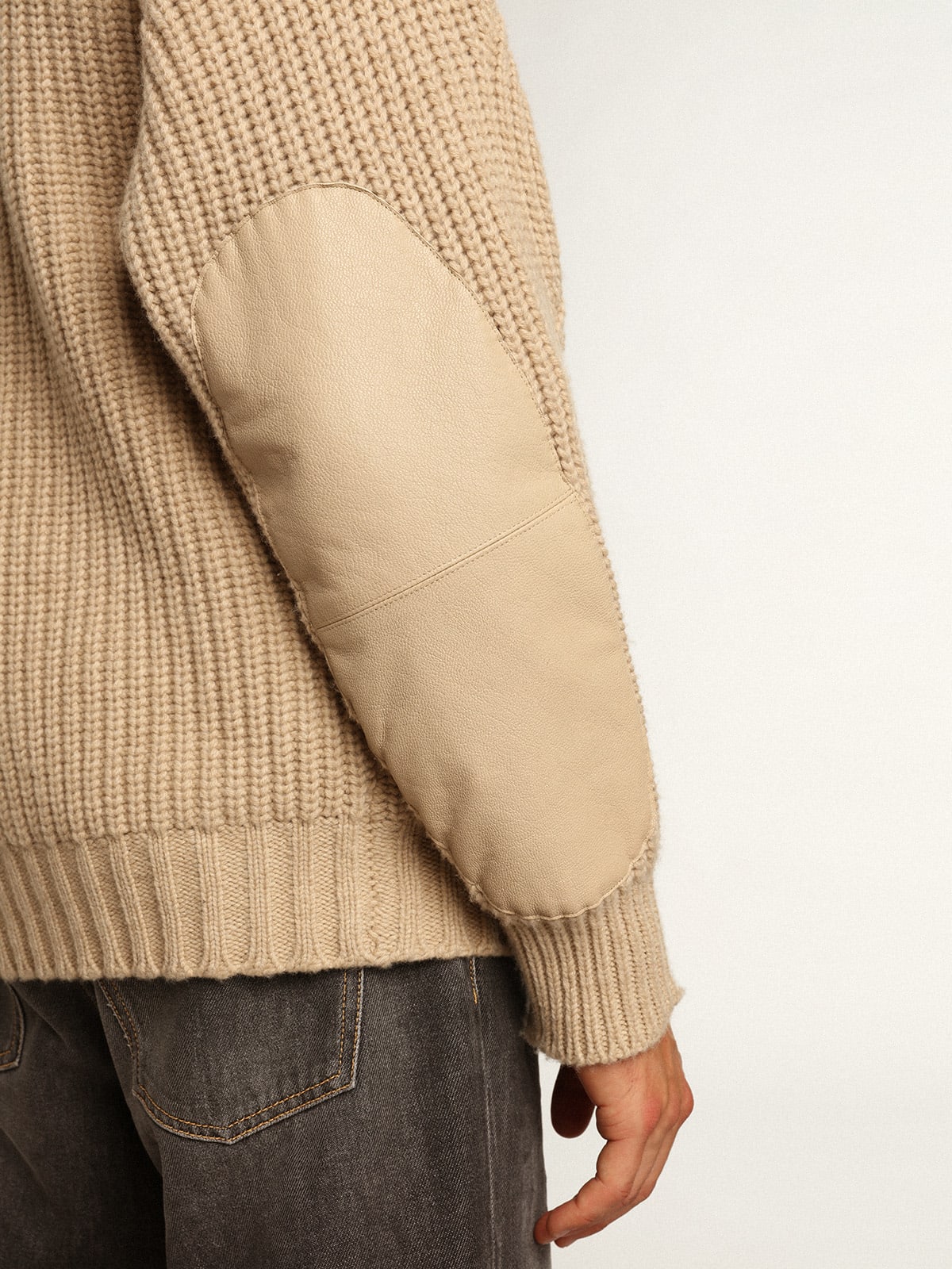 Cardigan doppiopetto Collezione Journey in lana a coste beige con toppe in pelle ton sur ton
