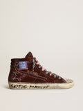 Sneaker Slide in suede color cioccolato con stella e virgola con impunture bianche