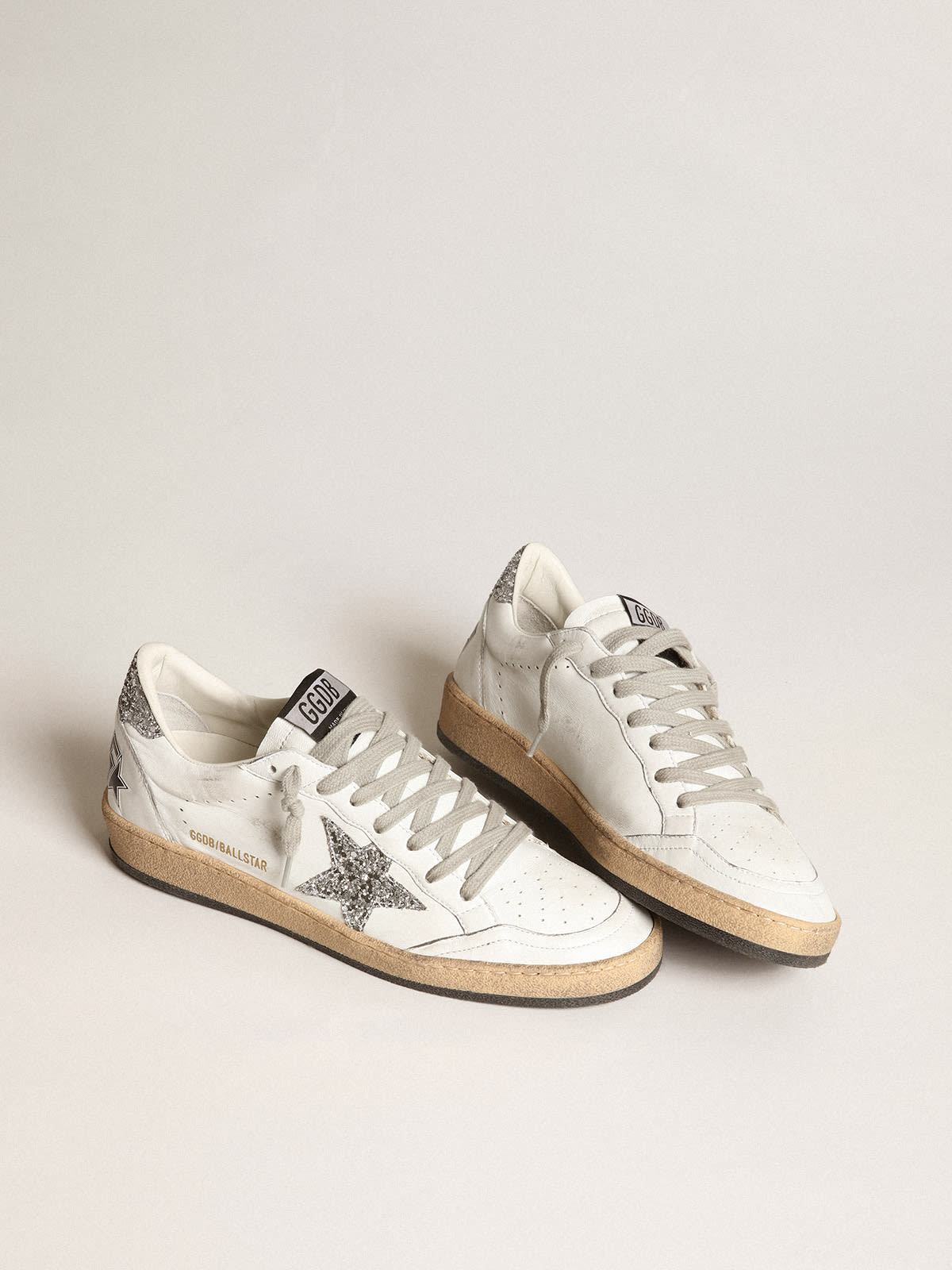 Sneaker Ball Star in nappa bianca con stella e talloncino in glitter argento