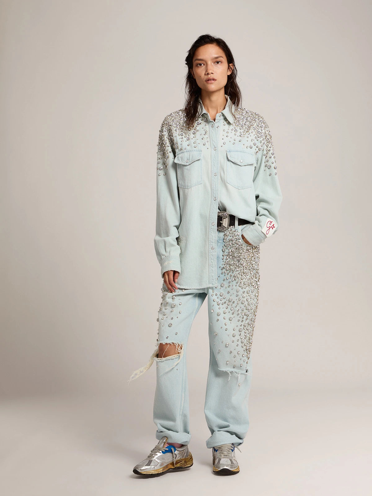 Camicia boyfriend bleached Collezione Golden con cristalli cabochon