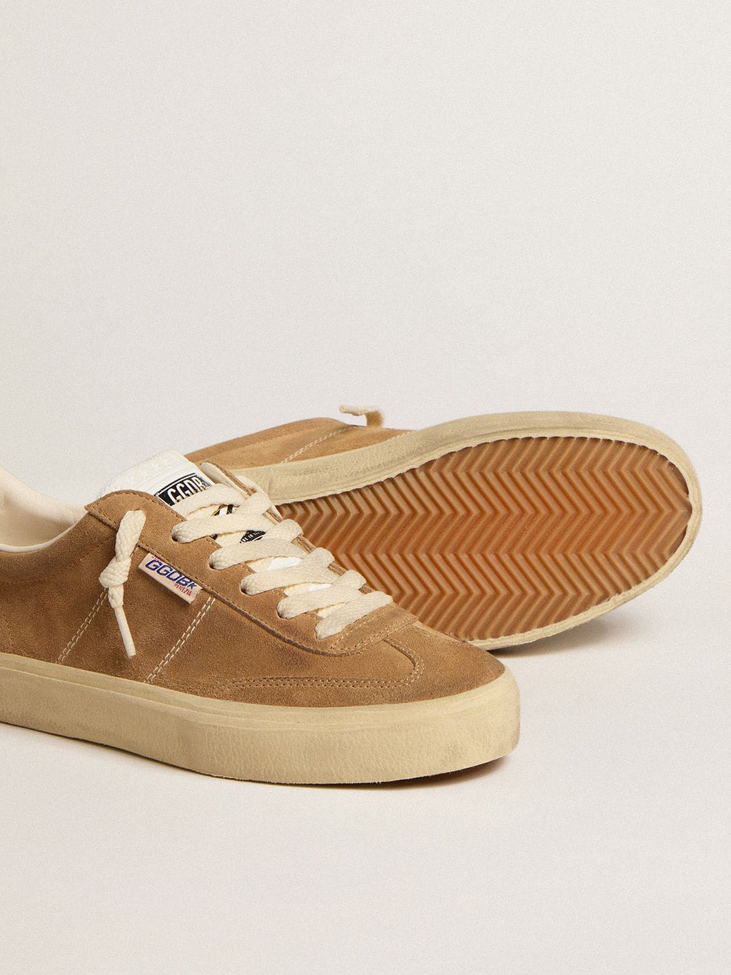 Women's Soul Star in camel-colored suede with white leather heel tab and tongue