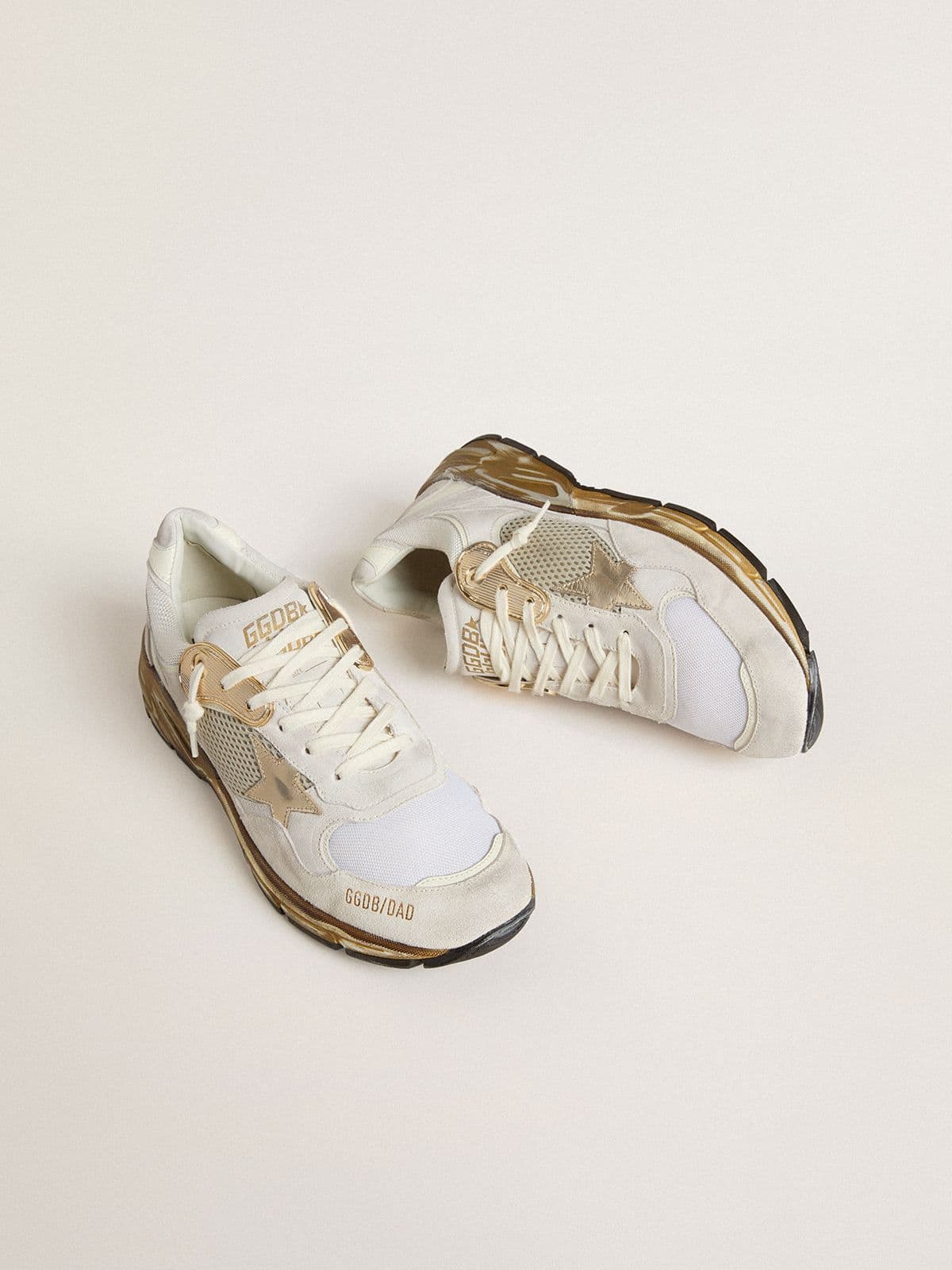 Men's Dad-Star in mesh and white suede with gold foiled leather star