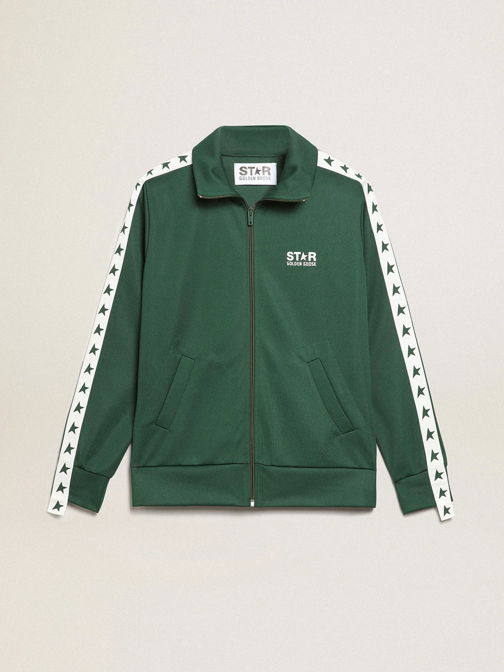 Felpa con zip da donna di colore verde con nastro bianco e stelle a contrasto