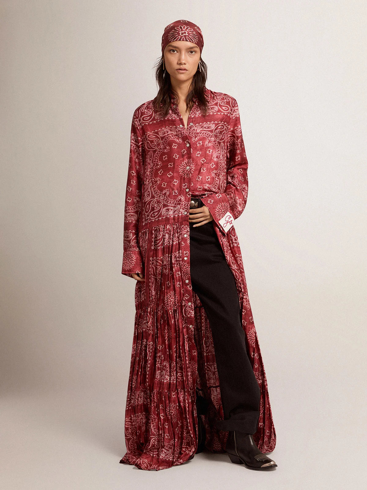 Vestito chemisier Collezione Golden di colore bourdeaux con stampa paisley