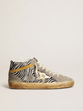 Sneaker Mid Star in cavallino zebrato con stella in pelle laminata dorata e virgola in suede color senape