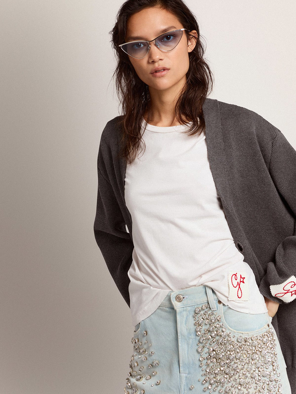 Cardigan da donna in cotone grigio mélange con logo sul retro