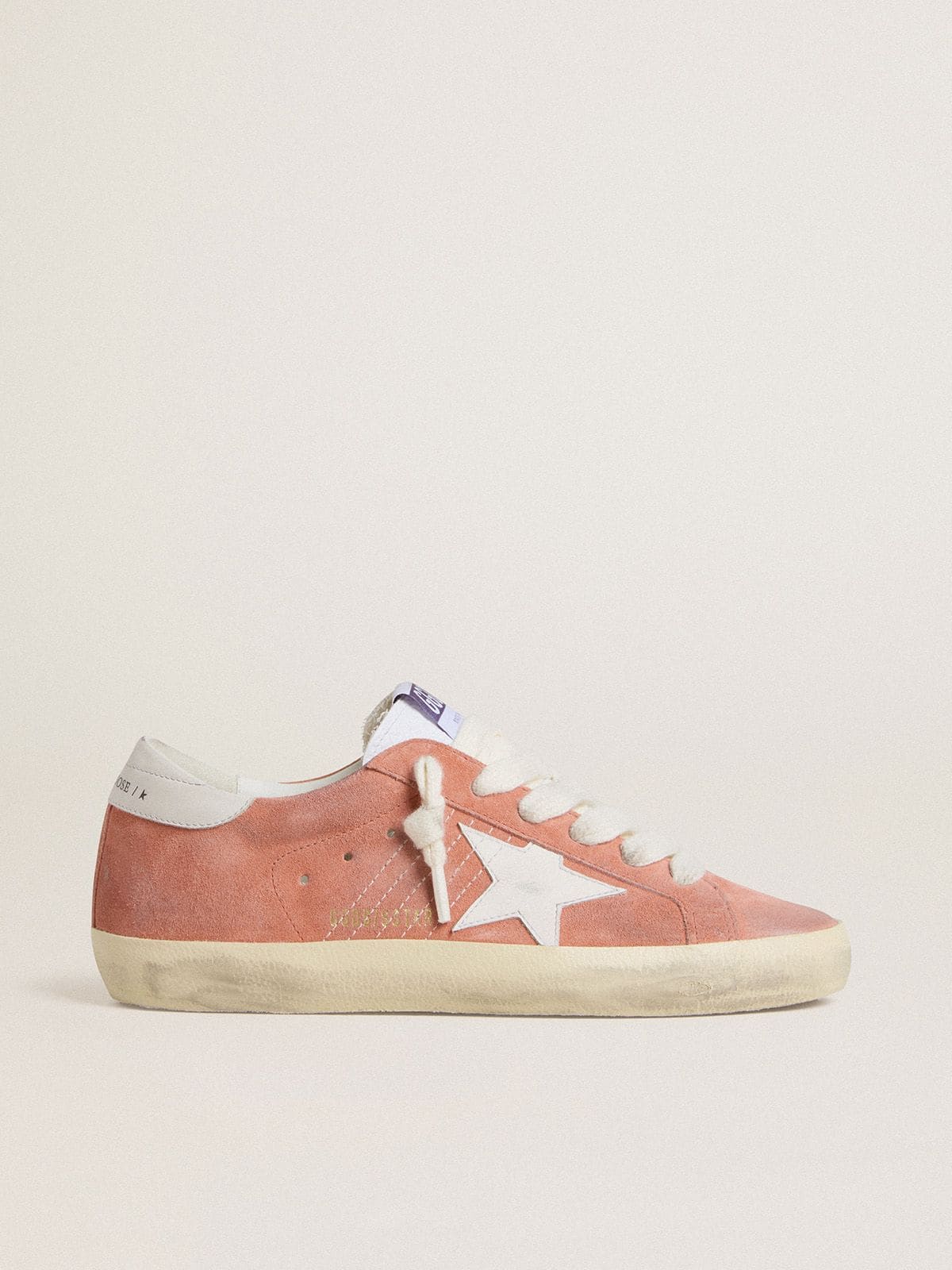 Women’s Super-Star in coral suede with white leather star and heel tab