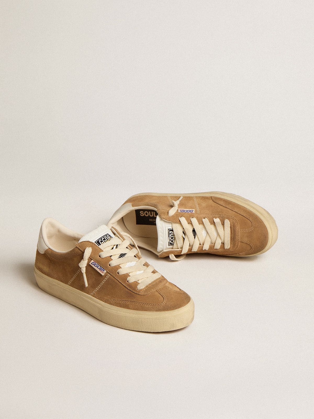Women's Soul Star in camel-colored suede with white leather heel tab and tongue