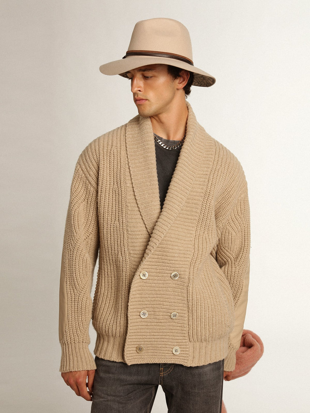 Cardigan doppiopetto Collezione Journey in lana a coste beige con toppe in pelle ton sur ton